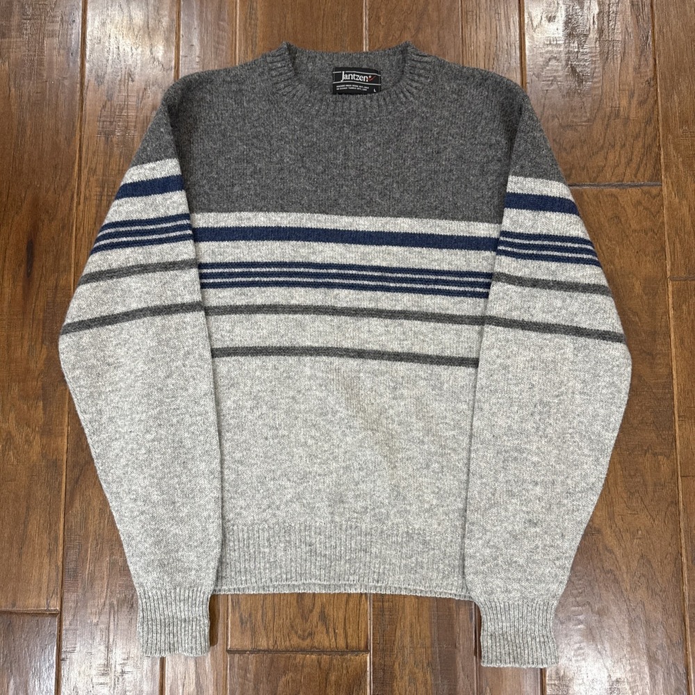 Vintage 80s 90s Grandpa Jantzen‎ Striped Sweater Knit Wool Gray Cabin Dad Mens L